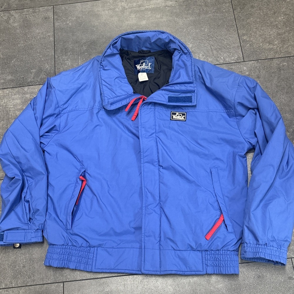 Woolrich Bomber Jacket Women Med Royal Blue VTG Windbreaker Nylon High Collar
